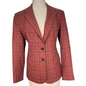 Vintage Evan Picone Red Plaid Tweed Blazer Jacket Shoulder Pad 2 Buttons No Size